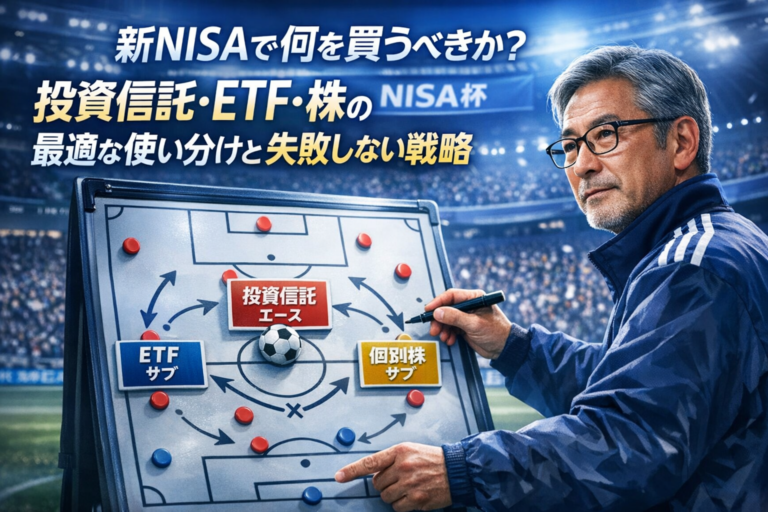 サッカー監督のメガネのおじさんが戦略ボードで投資信託をエース、ETFと個別株をサブとして配置し、新NISAの運用戦略を考える青基調のイメージ