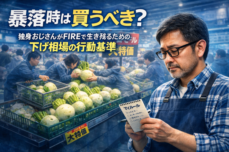 スーパーの特売コーナーで蕪を買い求める人々の中、自分ルールのメモを見ながら冷静に判断するエプロン姿のメガネおじさん。暴落時の投資判断を表現したイメージ