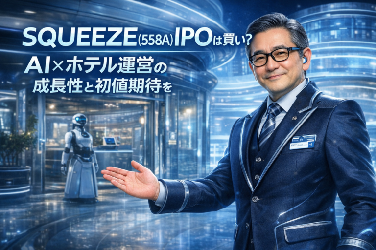 近未来のAIホテルのエントランスで来客を迎える総支配人のメガネおじさん。SQUEEZE（558A）IPOをテーマに、AI×ホテル運営の成長性と初値期待を表現したビジュアル