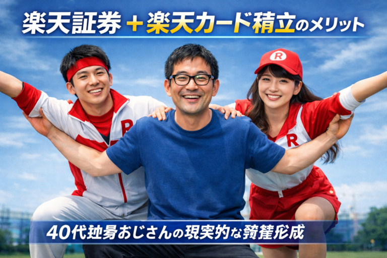 楽天証券と楽天カードの組み合わせを表現したイメージ。メガネの40代独身男性を中心に、証券とクレジットカードを象徴する人物が並び、資産形成をテーマにしたブログアイキャッチ。