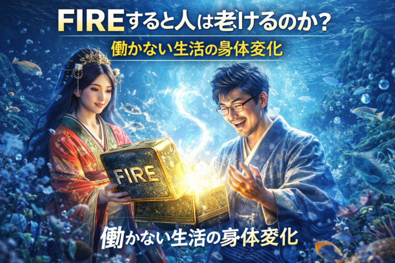 FIREの玉手箱を開けたことで若返る浦島太郎風のメガネおじさんと乙姫様を描いた青基調のイメージ
