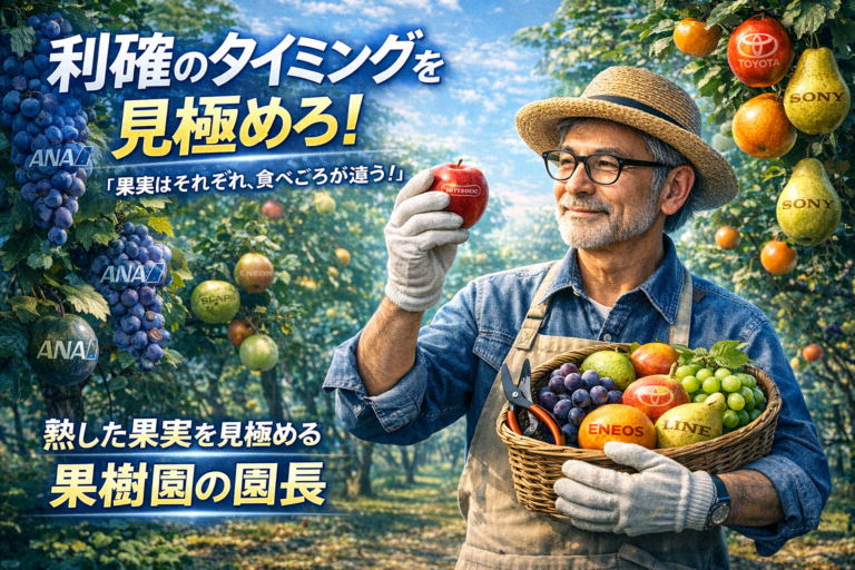 果樹園で様々な果実の収穫タイミングを見極めるメガネおじさん。銘柄ごとに異なる利確のタイミングを表現した投資イメージビジュアル