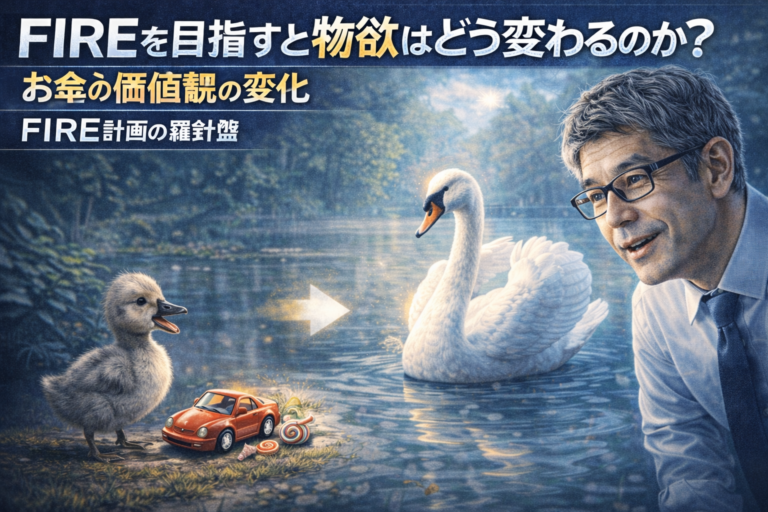 みにくいアヒルの子が白鳥へ成長する様子を見守るメガネおじさん。FIREを目指すことで幼稚な物欲が成熟した価値観へ変わることを表現したアイキャッチ画像。
