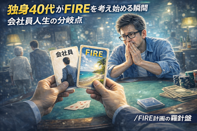 ババ抜きの最後の勝負で、相手が持つ「会社員」と「FIRE」と書かれたカードのどちらを引くべきか必死に悩むメガネおじさんを描いた、青基調で明るくリアルな実写風アイキャッチ画像（独身40代がFIREを考え始める瞬間）