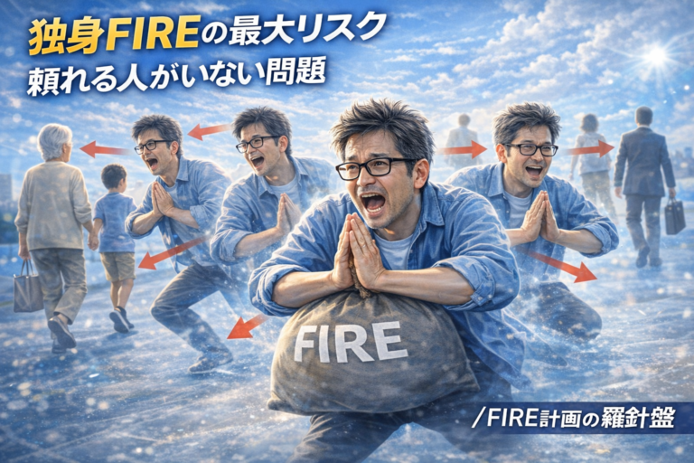 頼れる人たちが四方八方に離れていく中で焦りながらも、分身の術のように自分の分身を作って対応しようとするメガネおじさんを描いた、青基調で明るくダイナミックな実写風アイキャッチ画像（独身FIREの最大リスク｜頼れる人がいない問題）