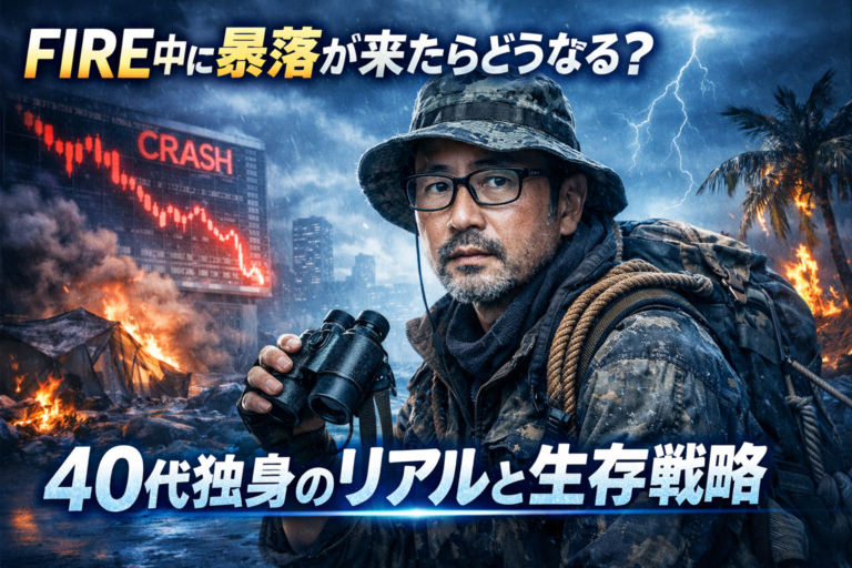 FIRE中に株価暴落という災害に直面しながらも生き延びる40代独身メガネ男性のイメージ。暴落する株価と混乱する街を背景に、サバイバル視点で資産防衛を考える投資記事のアイキャッチ