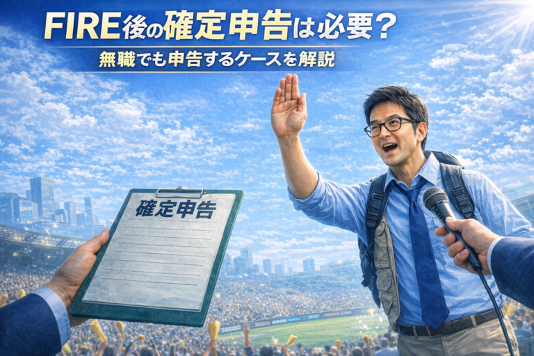 確定申告の書類を掲げて選手宣誓のように申告するメガネの独身おじさんを表現したFIRE後の確定申告イメージ