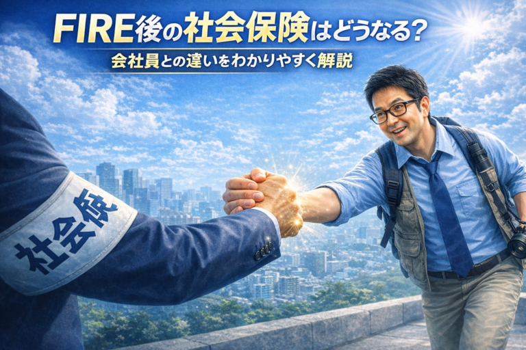 社会保険と書かれた人物と固く握手しながらFIREの道を目指すメガネの独身おじさんを表現したイメージ