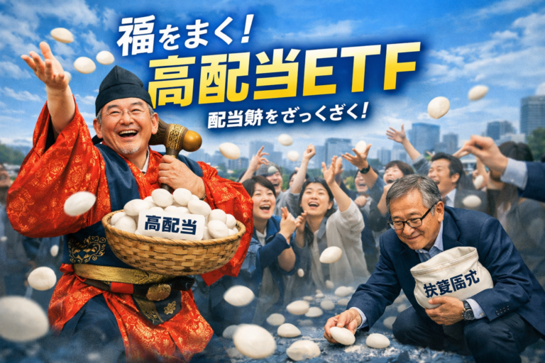 福の神に扮した高配当ETFのキャラクターがお餅に見立てた配当をばらまき、民衆の中でメガネのおじさんが投資信託とともにそれを拾う様子を描いた青基調のイメージ