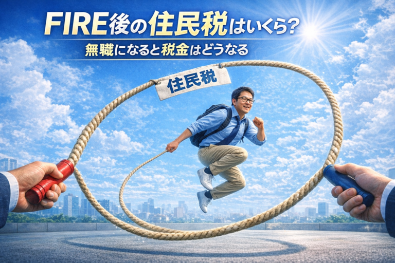 住民税と書かれた長縄跳びのタイミングを見て飛び込むメガネの独身おじさんを表現したFIRE後の住民税解説イメージ