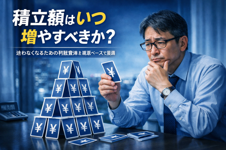 積立額をトランプタワーのように積み上げながら、増額のタイミングに悩むメガネのおじさんの様子（実写風・青基調）