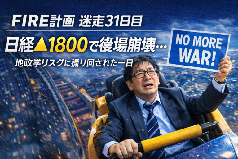 ジェットコースター相場に翻弄される40代独身メガネ男性のイメージ。NO MORE WARのプラカードを掲げ、地政学リスクと日経急落を表現した青基調の投資日記アイキャッチ