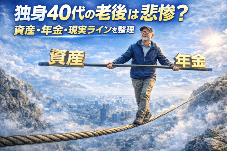 老後という綱渡りを、資産と年金と書かれたバランス棒を持ちながら笑顔で渡る年配のメガネおじさんを描いた、独身40代の老後と資産形成を表現した青基調の実写風アイキャッチ画像
