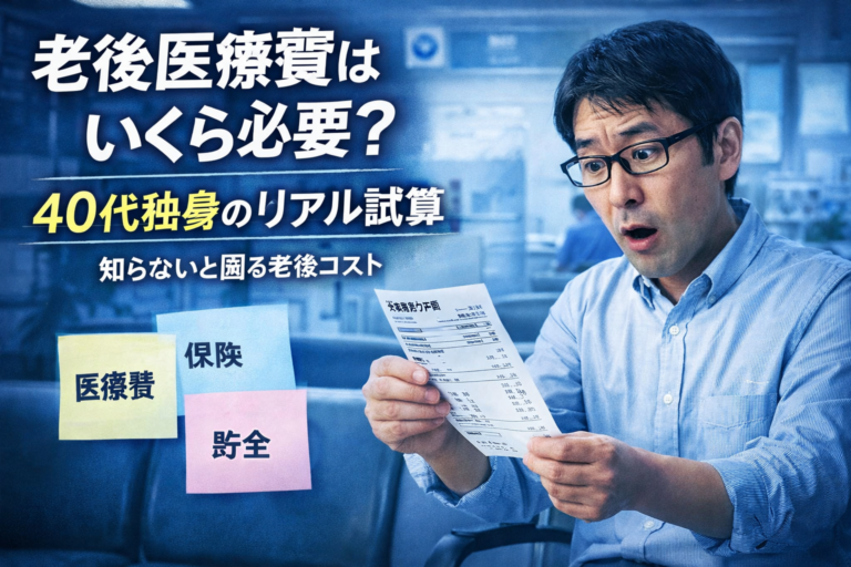 病院の待合室で医療費の明細を見て驚くメガネおじさんが、老後医療費の現実を考える様子を表したアイキャッチ画像