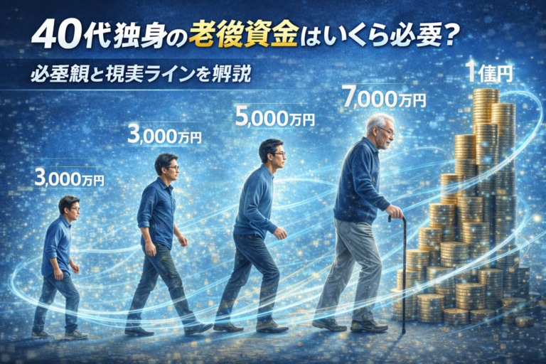 40代のメガネ男性が年齢とともにおじいさんへと変化しながら、老後資金の目安である3000万円・5000万円・7000万円と資産を積み上げていく様子を表した、40代独身の老後資金解説記事のアイキャッチ