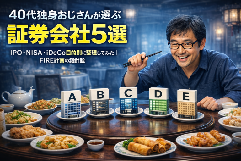 中華料理の円卓にA〜Eの証券会社モデルが並び、箸を構えてベストな選択を考える笑顔の40代独身メガネおじさん。証券会社5選をテーマにしたアイキャッチ画像。