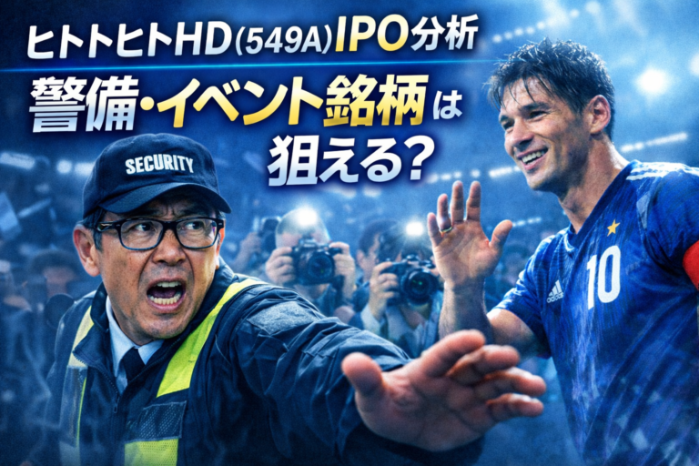 ヒトトヒトHD（549A）のIPO分析をイメージしたアイキャッチ。スーパースターのスポーツ選手を必死に警備するメガネのおじさん警備員が描かれた青基調のサムネイル。