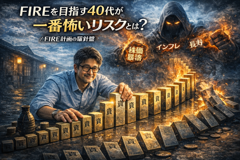 リスクという邪魔者に負けず、資産と書かれたドミノを並べ続けるメガネおじさんを描いた青基調の実写風アイキャッチ画像