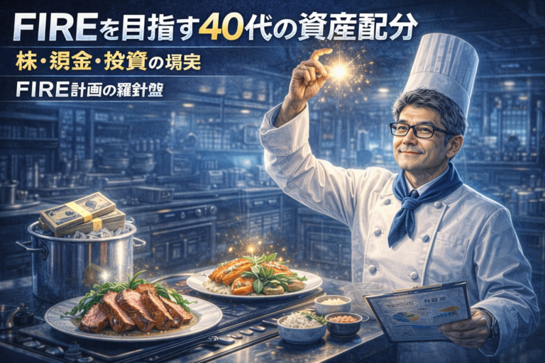 FIREを目指す40代の資産配分を料理のレシピに例え、完璧なアロケーションをひらめいたシェフ姿のメガネおじさんが究極の料理を仕上げるアイキャッチ