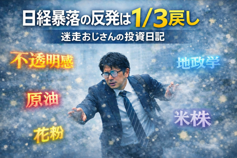 不透明感と花粉が舞う相場の中を前進するメガネおじさんを描いた投資ブログのアイキャッチ画像