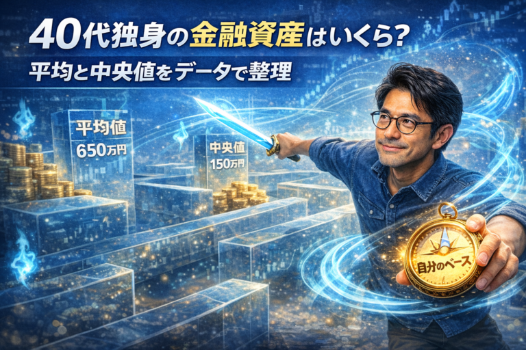 平均値と中央値の数字に惑わされながらも、自分のペースで資産形成を考えるメガネの40代独身男性をイメージした金融資産解説記事のアイキャッチ
