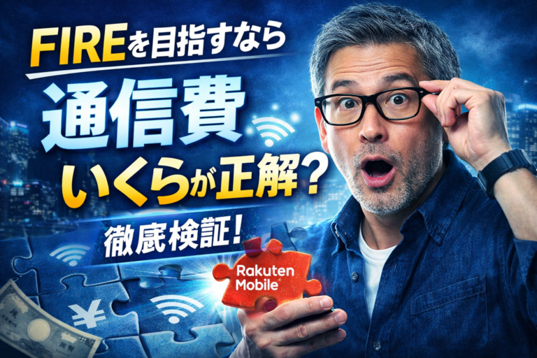 通信費のパズルに最後のピースとして楽天モバイルがはまり、最適解に気づいたメガネのおじさんを描いた青基調のイメージ