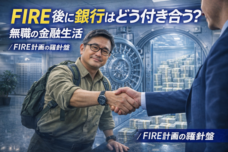 FIRE後の銀行との付き合い方をテーマに、最強の銀行と力強く握手を交わすメガネおじさん。無職になった後の銀行口座や金融生活を解説する記事のアイキャッチ。
