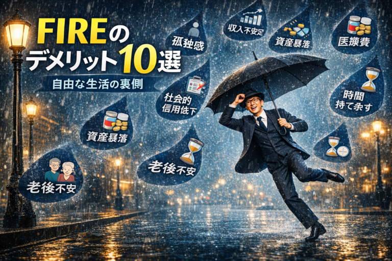 雨のように降ってくるFIREのデメリットを傘で軽やかに避けるメガネのおじさんを描いた、早期リタイアのリスクと現実を表現した青基調の実写風アイキャッチ画像