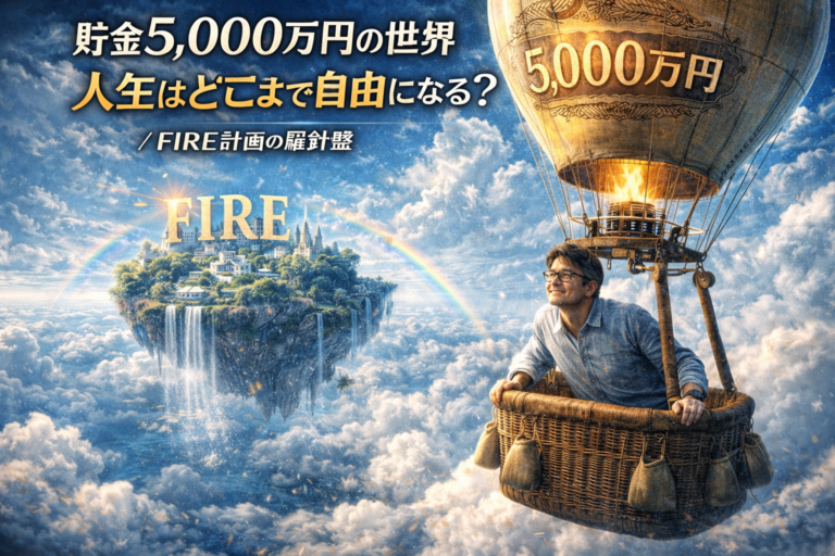 5,000万円と書かれた気球に乗ったメガネおじさんが、FIREという天空の世界へ向かって飛んでいく様子を描いた青基調の実写風アイキャッチ画像