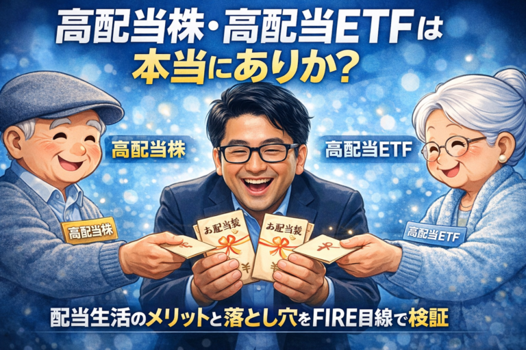 高配当株と高配当ETFをキャラクター化したおじいちゃんとおばあちゃんから、お配当袋を受け取って喜ぶメガネのおじさんを描いた青基調のイメージ