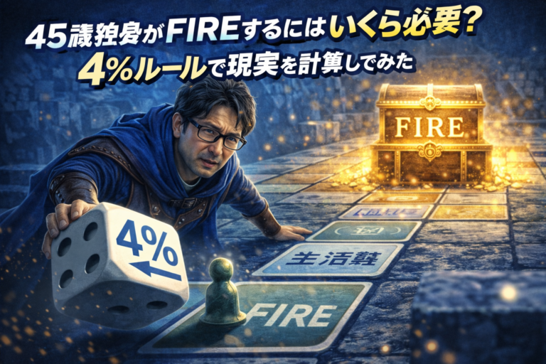 4％ルールのサイコロを振りながらすごろくを進み、ゴールのFIREに向かおうとするメガネの独身おじさんを描いたイメージ