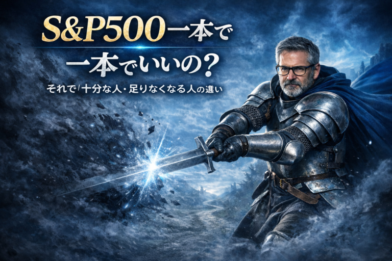 S&P500一本でいいのかと悩みながら、不安の中で剣を構える西洋ナイト風のメガネの中年男性を描いた投資イメージのアイキャッチ画像