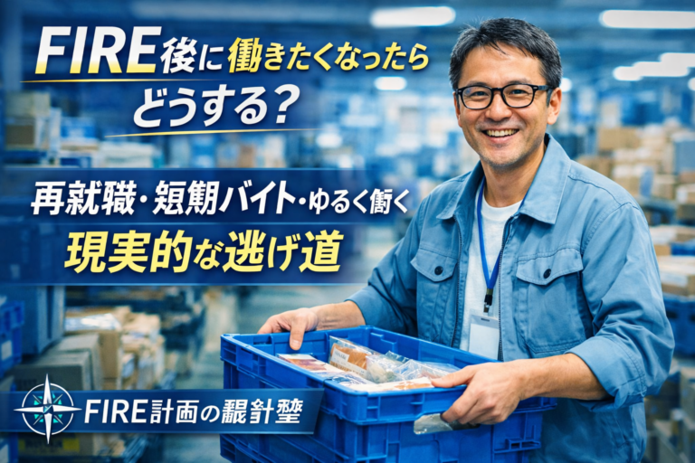 短期バイトをテキパキこなし、いきいきと働くメガネの40代男性。FIRE後に働きたくなった場合の選択肢（再就職・短期バイト・ゆるく働く）をイメージした青基調のアイキャッチ画像