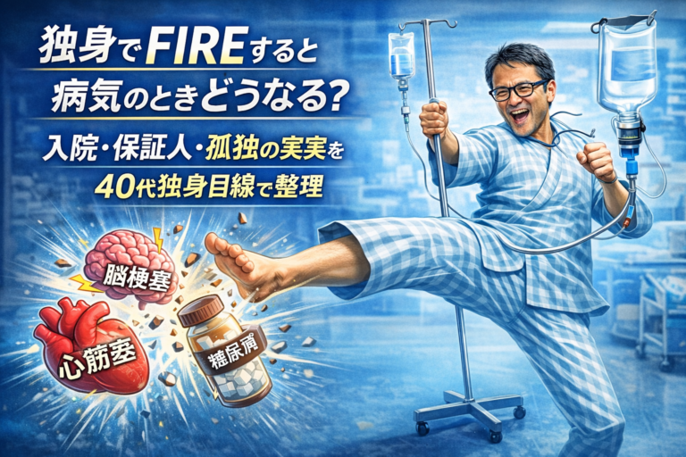 独身でFIREした場合の病気リスクをテーマに、入院着姿のメガネおじさんが点滴スタンドを持ちながら、脳梗塞・心筋梗塞・糖尿病をイメージしたアイコンを蹴り飛ばして立ち向かう様子を描いたアイキャッチ画像