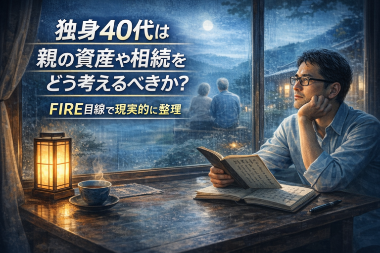 月明かりの差し込む和室で、メガネの中年男性が本を手に両親に思いを馳せながら物思いにふける姿を描いた、独身40代の相続や親の資産をテーマにした青基調の実写風アイキャッチ画像