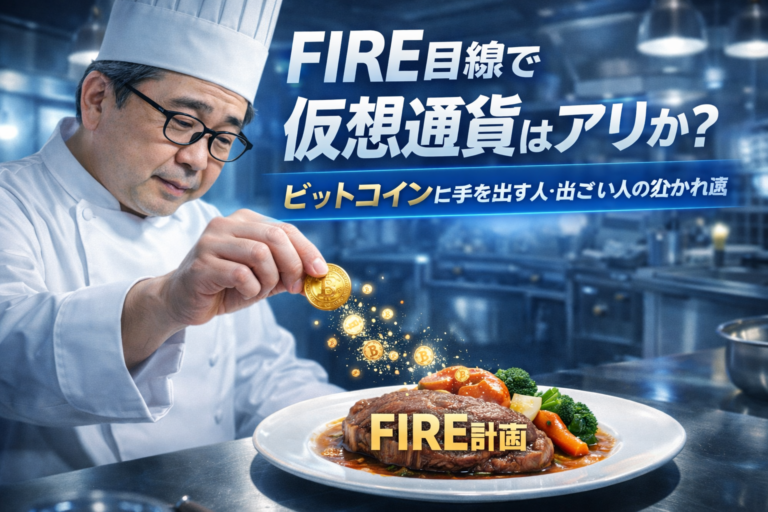 青基調の高級レストランの厨房で、三ツ星シェフ姿のメガネのおじさんが、FIRE計画を表現した料理に隠しスパイスのように仮想通貨を振りかけている様子を描いた実写風アイキャッチ画像