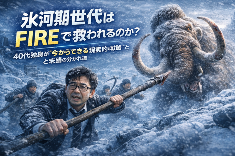 氷河期の荒廃した大地で、メガネのおじさんが仲間とともにマンモスと戦う様子を描いた実写風の青基調アイキャッチ画像。氷河期世代の厳しい現実とFIREによる生き残り戦略を象徴している。
