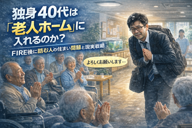 青基調の老人ホームの共有スペースで、入居初日のメガネのおじさんが転校生のように緊張しながら入居者たちにあいさつしている様子を描いた実写風アイキャッチ画像。独身40代の老後の住まい問題やFIRE後の現実を象徴している。