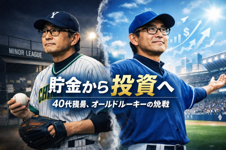 青基調の野球場で、マイナーリーグのユニフォーム姿からメジャーリーグへと成長したメガネのおじさんが、貯金から投資へ挑戦する様子を表現した実写風アイキャッチ画像。40代独身がオールドルーキーとして新たに投資の世界へ踏み出すイメージ。