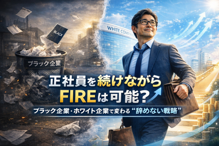 青基調の街並みの中で、メガネのおじさんがブラック企業を象徴するゴミ箱の世界を抜け出し、ホワイト企業を活かしながら「辞めないFIRE」という新しい働き方へ進んでいく様子を描いた実写風アイキャッチ画像