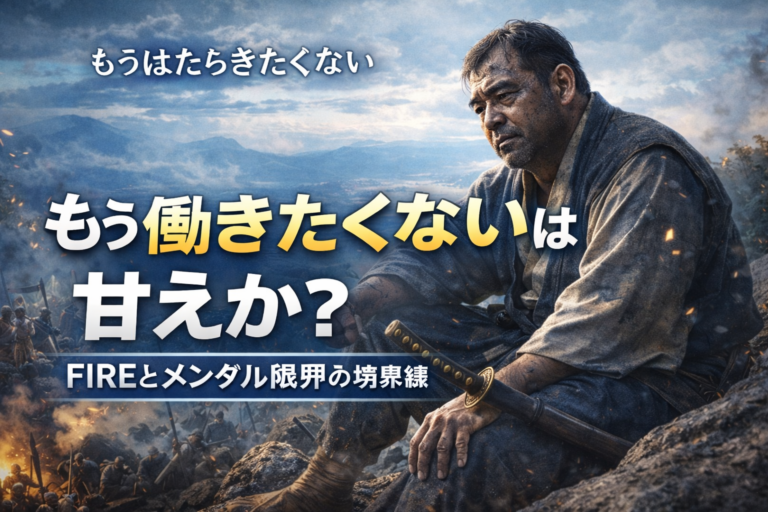 青基調の戦場の山頂で、疲れ切ったメガネのおじさんが座り込み、「もう働きたくない」と心の限界を表現している実写風アイキャッチ画像。40代独身が仕事のストレスやメンタル限界と向き合う様子を象徴している。