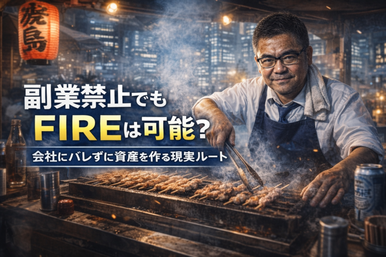 青基調の夜の屋台で焼き鳥を焼くメガネのおじさんが、会社員として働きながらも自分の力で資産を築こうとする力強さを表現した実写風アイキャッチ画像。副業禁止でもFIREを目指す現実的な生き方を象徴している。