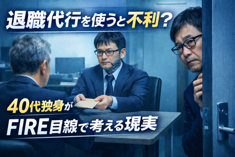 退職代行をテーマに、自分そっくりのコピーロボットに退職を申し出させるメガネおじさんを描いた、実写風・青基調のブログアイキャッチ画像