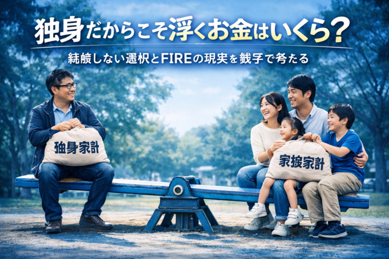 独身家計を抱えたメガネおじさんと家族家計を抱えた家族が、公園のシーソーで家計の重さを比べるように向かい合う、実写風・青基調のブログアイキャッチ画像