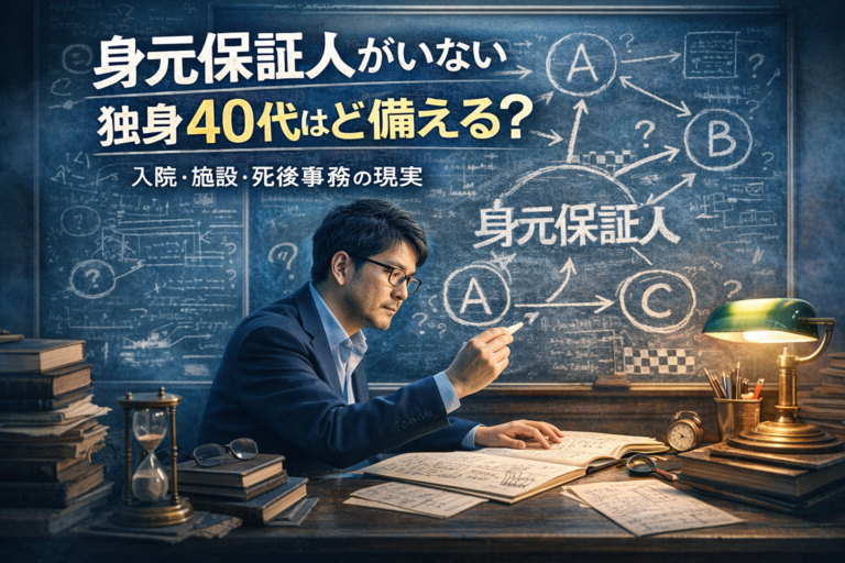 身元保証人問題という難問に向き合い、入院・施設・死後事務の詰み筋を整理しながら最適解を導こうとする天才教授風のメガネおじさんを描いた、実写風・青基調のブログアイキャッチ画像