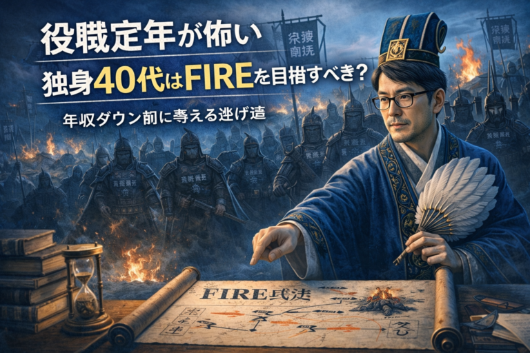 役職定年という脅威を前に、中国の天才軍師のような装いでFIRE兵法を使い、年収ダウン前の逃げ道を考えるメガネおじさんを描いた、実写風・青基調のブログアイキャッチ画像