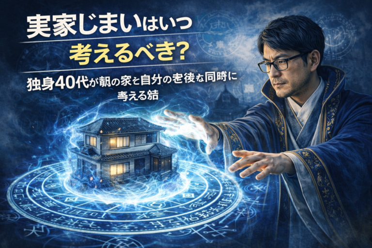 実家を封印魔法の魔法陣の中に閉じ込めるように整理しようとする、大賢者風のメガネおじさんを描いた、実写風・青基調のブログアイキャッチ画像