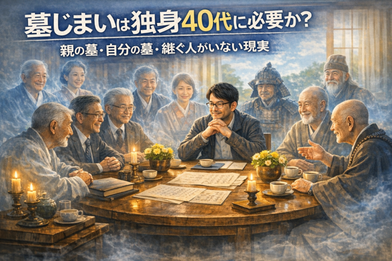 親やご先祖たちと円卓を囲み、墓じまいについて前向きに話し合うメガネおじさんを描いた、実写風・青基調のブログアイキャッチ画像