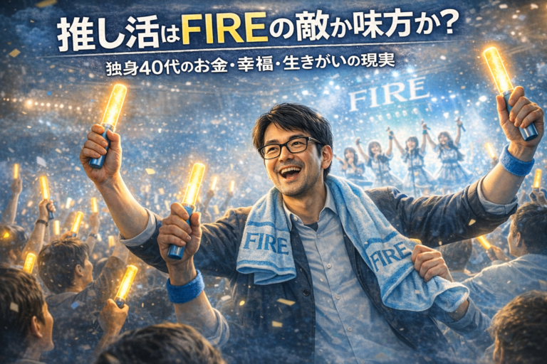 アイドルグループ「FIRE」を夢中で応援し、ペンライトを振りながら推し活を楽しむメガネおじさんを描いた、実写風・青基調のブログアイキャッチ画像