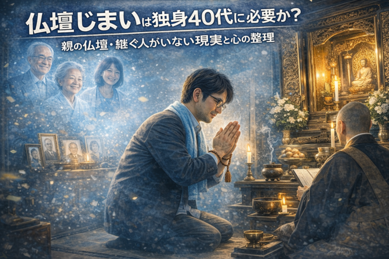 ご先祖様たちに温かく見守られながら、僧侶の前で手を合わせて仏壇じまいに向き合うメガネおじさんを描いた、実写風・青基調のブログアイキャッチ画像